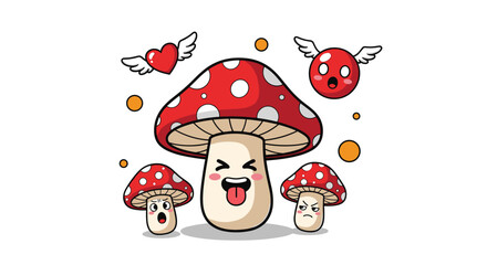 Whimsical Mushroom Cartoon Illustration with Flying Hearts and Expressive Fungi Characters