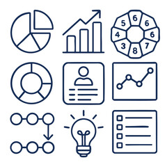 Data visualization icons including charts, graphs, and diagrams represent analysis and insights