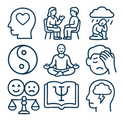Mental health icons representing emotions, therapy, balance, and mindfulness