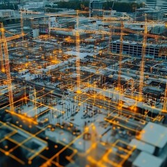 An aerial view of a vibrant construction site with cranes