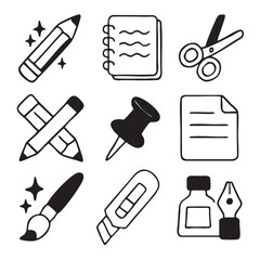 Creative tools and stationery icons including pencils, scissors, and paintbrushes