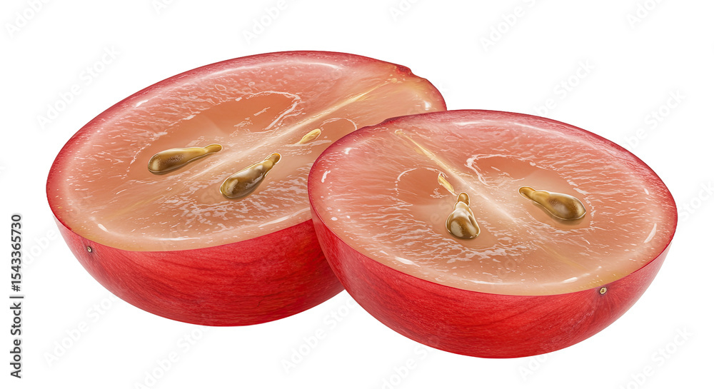 Poster close-up of a halved red grape revealing seeds on a solid black background
