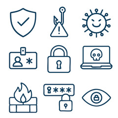Secure icons representing cybersecurity concepts, including protection, phishing, malware