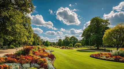 Obraz premium This picturesque park features vibrant nature in full bloom, with clear skies and open grassy spaces perfect for relaxation or outdoor meals. 