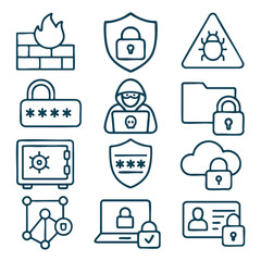 Secure icons representing cybersecurity concepts, including firewalls, locks, and hackers