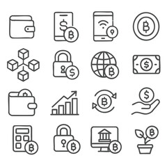 Digital wallet icons, cryptocurrency symbols, and financial technology elements represent modern