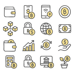 Digital wallet icons, cryptocurrency symbols, and financial technology elements create modern