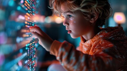 A curious child exploring an interactive digital screen while absorbed in a colorful display, symbolizing youthful curiosity and the connection with technology.