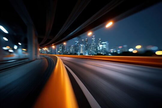 Nighttime road curving toward a blurred cityscape under an overpass motion effect