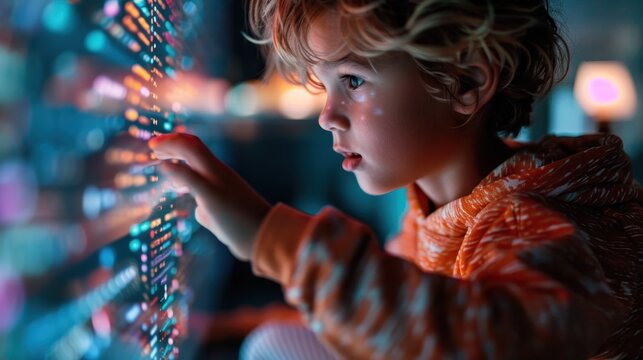 A curious child exploring an interactive digital screen while absorbed in a colorful display, symbolizing youthful curiosity and the connection with technology.