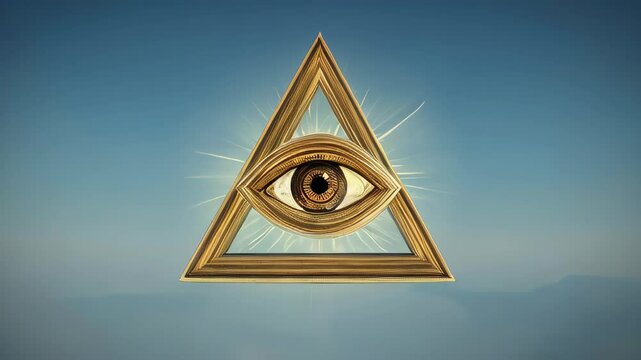 Mystical golden eye inside a glowing triangle radiates powerful energy, symbolizing enlightenment, divine vision, cosmic awareness, secret knowledge, higher consciousness, and spiritual awakening