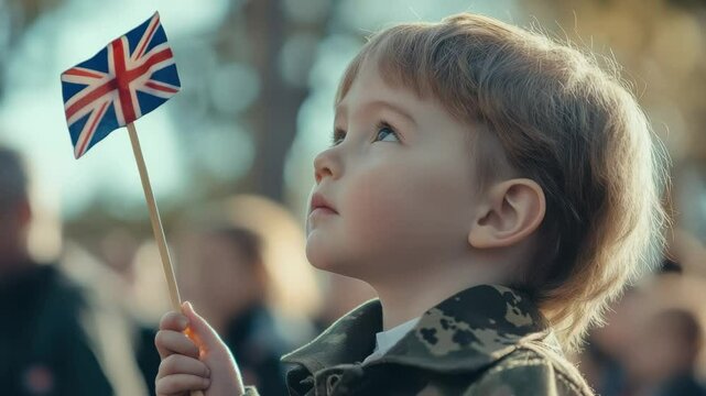 A young boy holding a Union Jack flag in an outdoor gathering