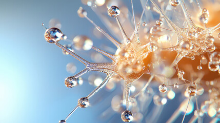 Stunning macro shot of dewdrops on delicate structure, showcasing intricate details and soft blue background