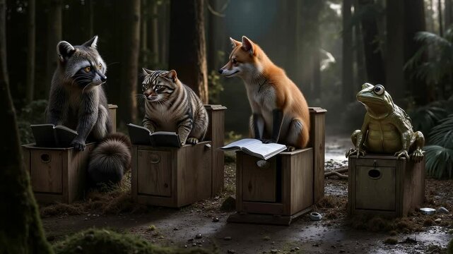 A group of animals sitting on top of wooden boxes in a forest