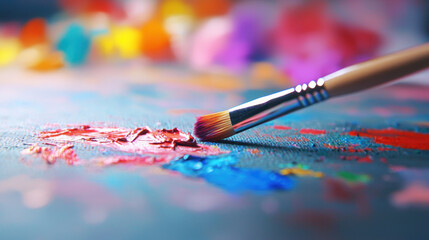 Fototapeta premium Close up view of paintbrush resting on colorful canvas, showcasing vibrant paint strokes and artistic creativity