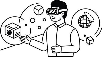Person using virtual reality headset surrounded by floating geometric shapes and a globe outline
