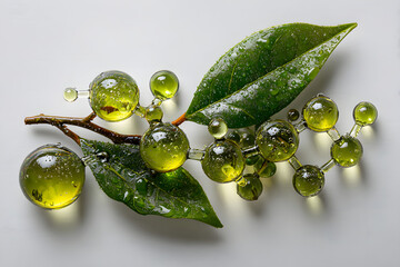 green tea leaves surrounded by illustrated molecular structures. Scientific Composition on White Background for Biotech and Skincare Concepts, natural skincare, antioxidant research.