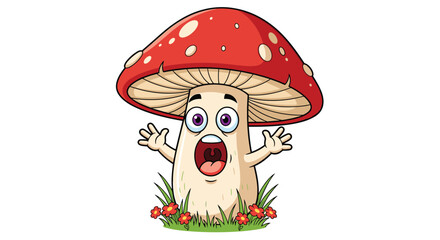 An Animated Fungi Illustration with an Expression of Fear and Surprise on White Background