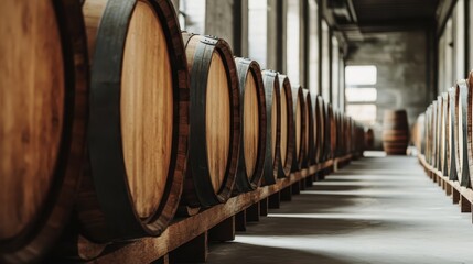 An arrangement of wine barrels in a contemporary cellar setting exudes sophistication and elegance, showcasing the art of winemaking and artisanal craftsmanship.