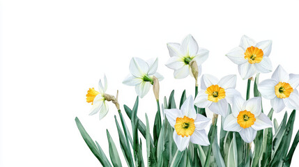 Watercolor botanical illustration of daffodils with vibrant yellow centers and lush green leaves, evoking sense of spring