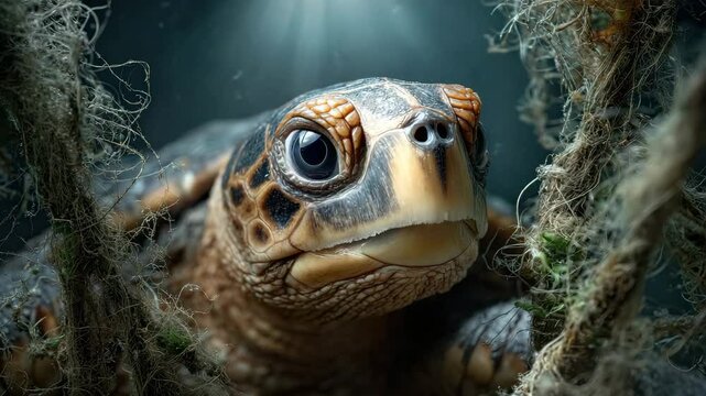 A close-up of a turtle showcasing its intricate shell and expressive face.