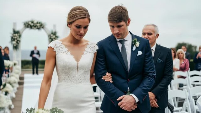 A beautiful bride crying with emotion during her outdoor wedding ceremony. Sincere feelings and touching moments of a marriage day. Scene for wedding videography and event agencies