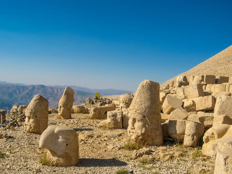 Nemrut or Nemrud archeological site in Turkey. Nemrut Dag high mountain in Adiyaman, summit with large statues in a royal tomb from ancient times. King Antiochus I Theos of Commagene tomb-sanctuary