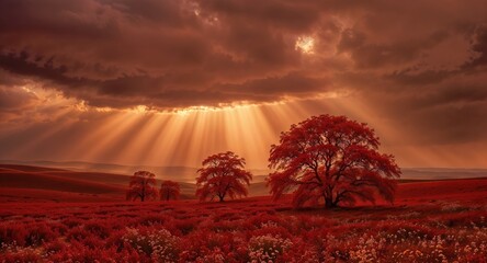 A dramatic landscape featuring red foliage and trees under a cloudy sky. Sunlight beams break through the clouds, illuminating the scene.