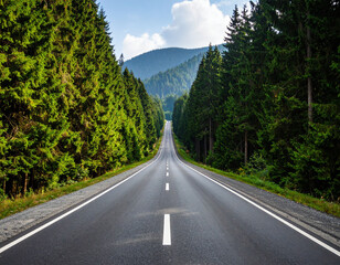 long and straight asphalt road with pine trees on the left and right sides
