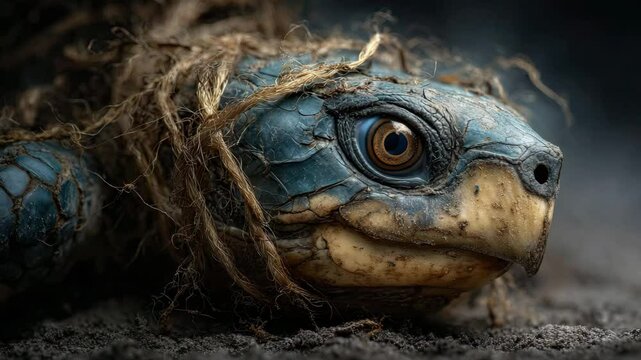 Close-up of a unique turtle with mossy texture and a captivating gaze, showcasing nature's beauty.