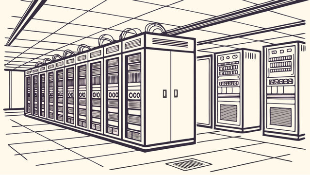 Illustration of a vintage computer server room with multiple racks and a tiled floor and ceiling