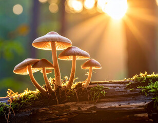 close up of mushroom plants growing on an old mossy tree trunk, natural background and soft light
