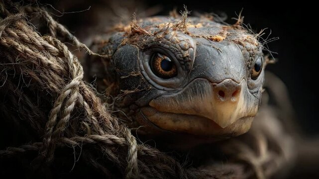 Close up of a tortoise with a textured shell resting among natural fibers.