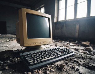 old monitor and keyboard on a dusty desk in a messy empty room