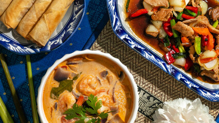 Festive Thai feast, vibrant curry symphony and sizzling stir-fry, celebrating Songkran with culinary artistry and cultural fusion delight