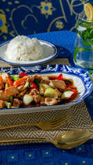 Sizzling stir-fry fantasy with vibrant vegetables and golden cutlery; Lunar New Year feast, culinary artistry on tapestry