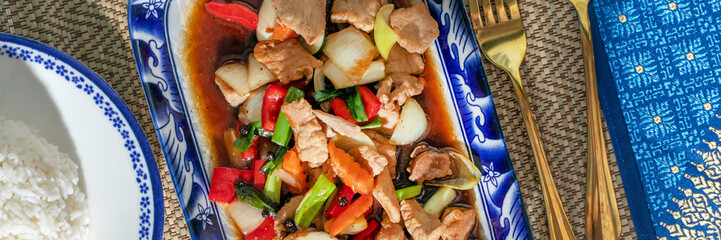 Sizzling Asian stir-fry symphony, vibrant festival of flavors, Lunisolar New Year feast, savory medley on porcelain artistry