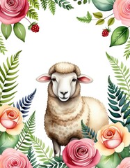 Charming sheep surrounded by vibrant floral frame and lush greenery