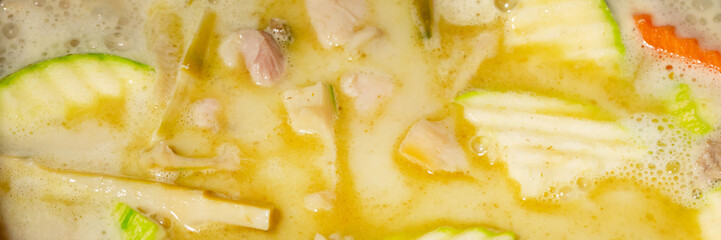 Steamy melange of creamy tom kha gai soup, exotic Thai cuisine, zesty coconut essence, Lunar New Year celebrations, culinary wanderlust