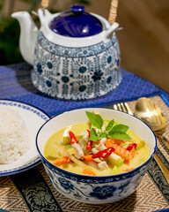 Authentic Thai green curry, vibrant Asian tapestry, cultural culinary fusion, Songkran festivity,...