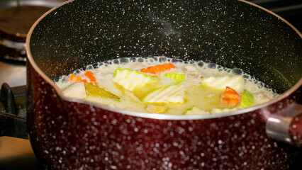 Cozy speckled pot simmers rustic Irish colcannon, evoking Samhain whispers and Octoberfest culinary...