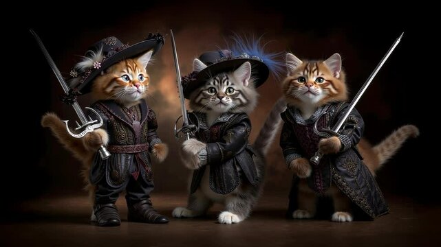 Three cats dressed in medieval costumes