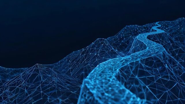 Low-poly wireframe of a mountain path to success, made of lines, dots, and triangles, on a dark blue background&mdash;symbolizing strategic growth, ambition, and the structure of business investment

