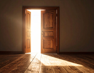 The wooden house door opened and light came in