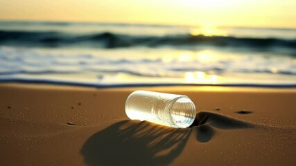 Transparent glass bottle containing rolled paper message lies on sandy beach with ocean waves gently washing shore during golden sunset creating romantic atmosphere