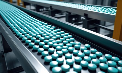 Obraz premium Modern pharmaceutical manufacturing process with pills on conveyor belt