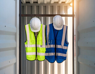 project vest and helmet hanging on a hanger, work safety concept, construction, and work preparation