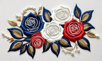 Elegant embroidered roses with golden leaves and pearls on fabric