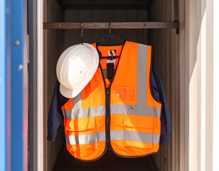 project vest and helmet hanging on a hanger, work safety concept, construction, and work preparation