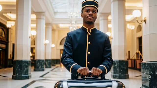 An african american bellboy in uniform delivering luggage in a luxury hotel lobby. First-class hospitality and travel service concept. Use for resort or concierge promotion